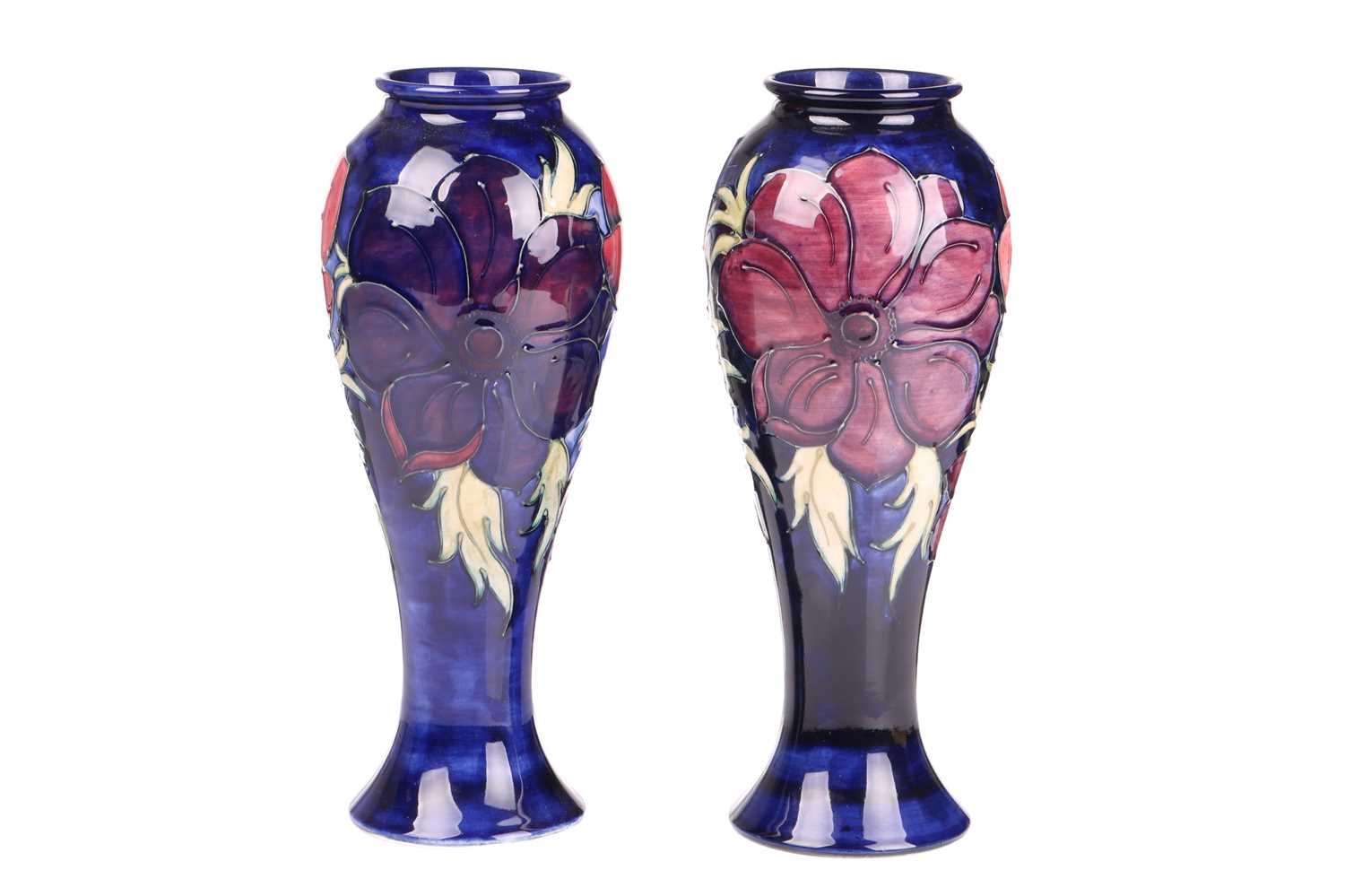 A near pair of Walter Moorcroft tall vases, in the Anenome pattern, tube-lined decoration on a - Image 6 of 6