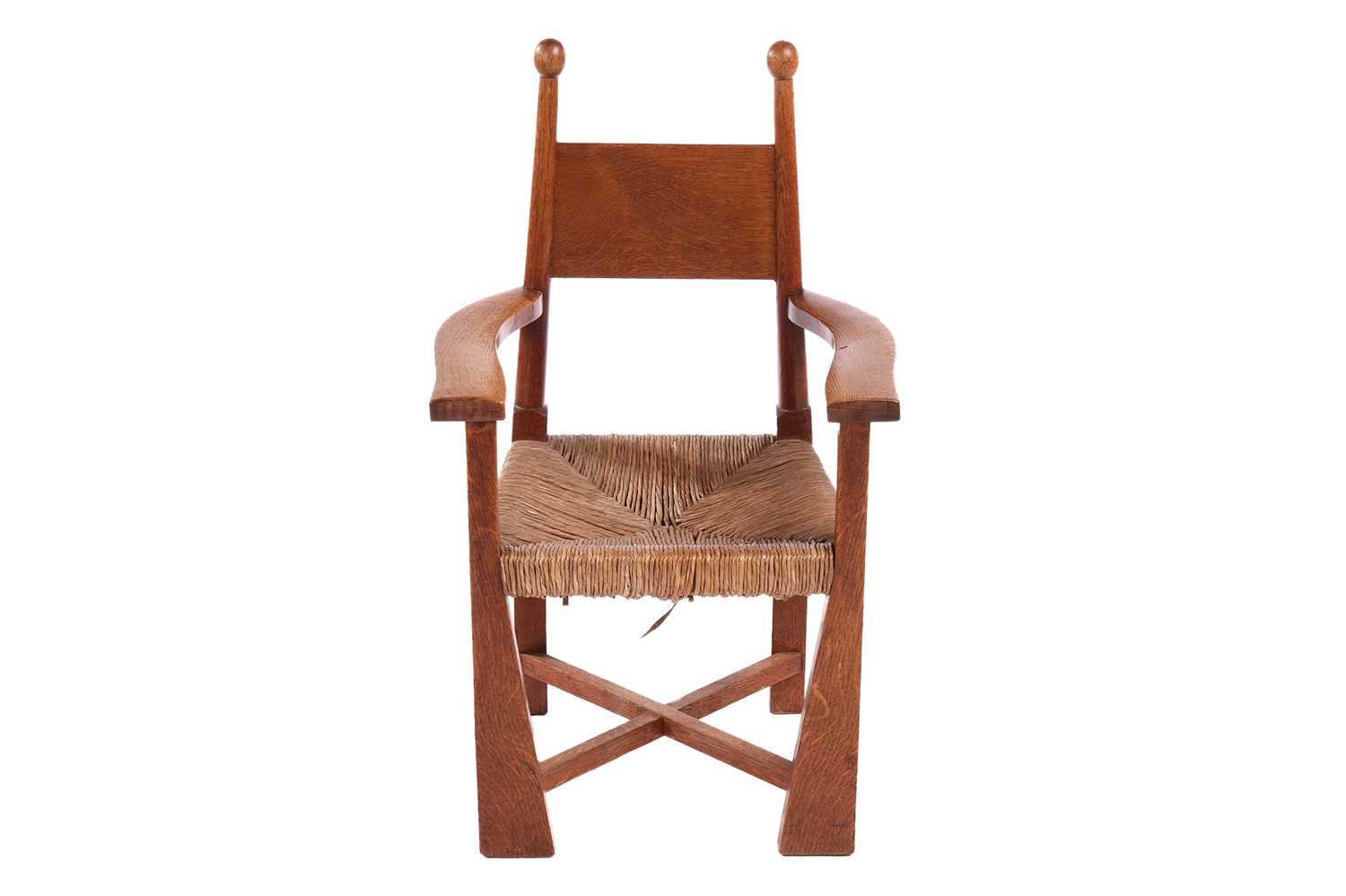 An Arts & Crafts oak rush-seated child's chair, probably designed by E.J. Punnett for William - Image 3 of 12