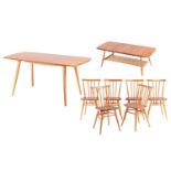 Set of six Ercol beech and elm All Purpose (391) design dining chairs, each stamped with Kite Mark