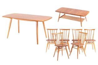 Set of six Ercol beech and elm All Purpose (391) design dining chairs, each stamped with Kite Mark