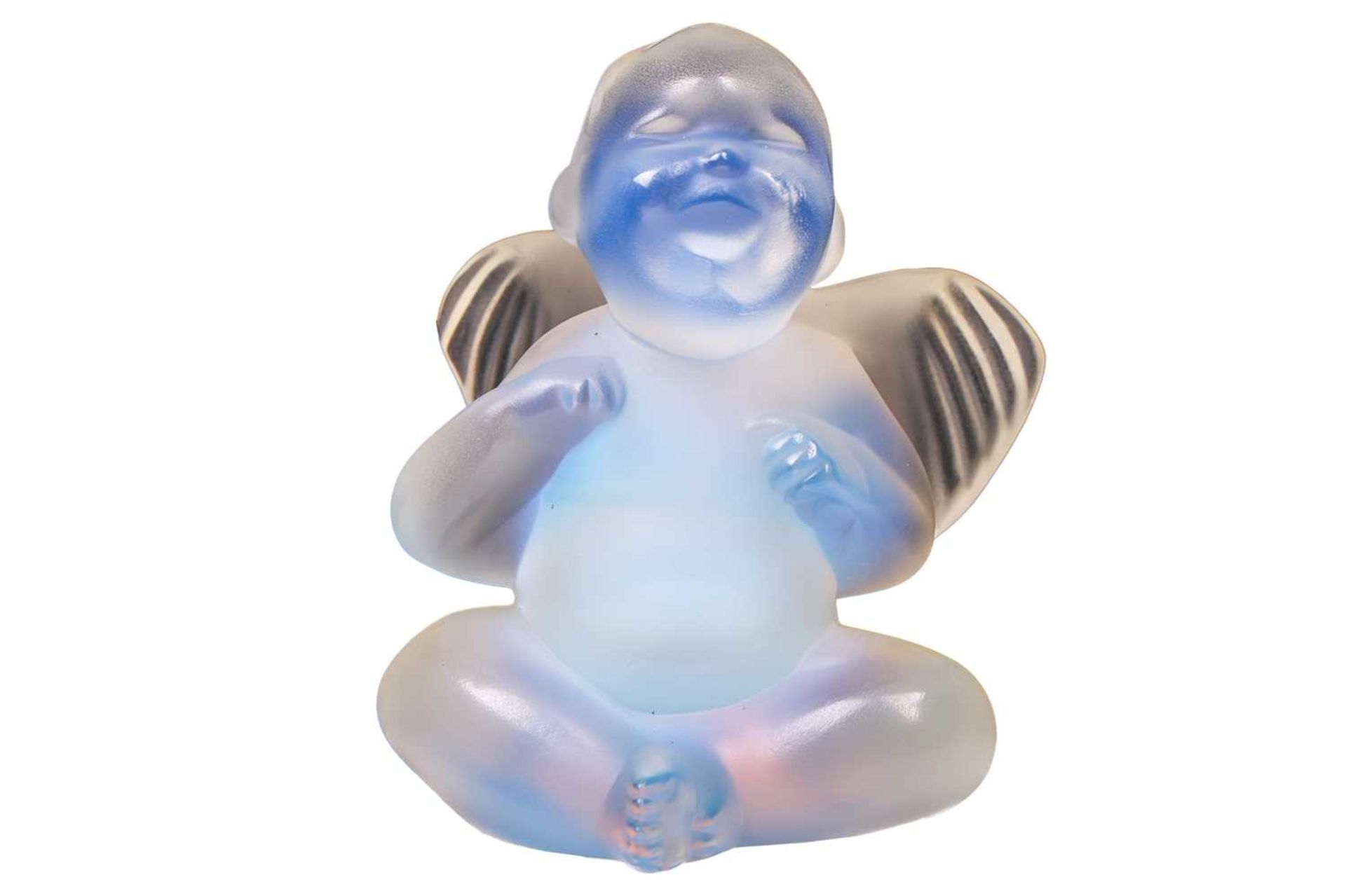 A contemporary Lalique opaline crystal glass paperweight, modelled as a seated cherub / putti, 7.5