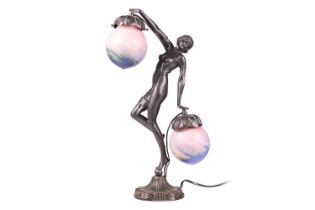 An Art Deco-style bronze figural lamp, formed as a semi-clad female dancer with twin opalescent