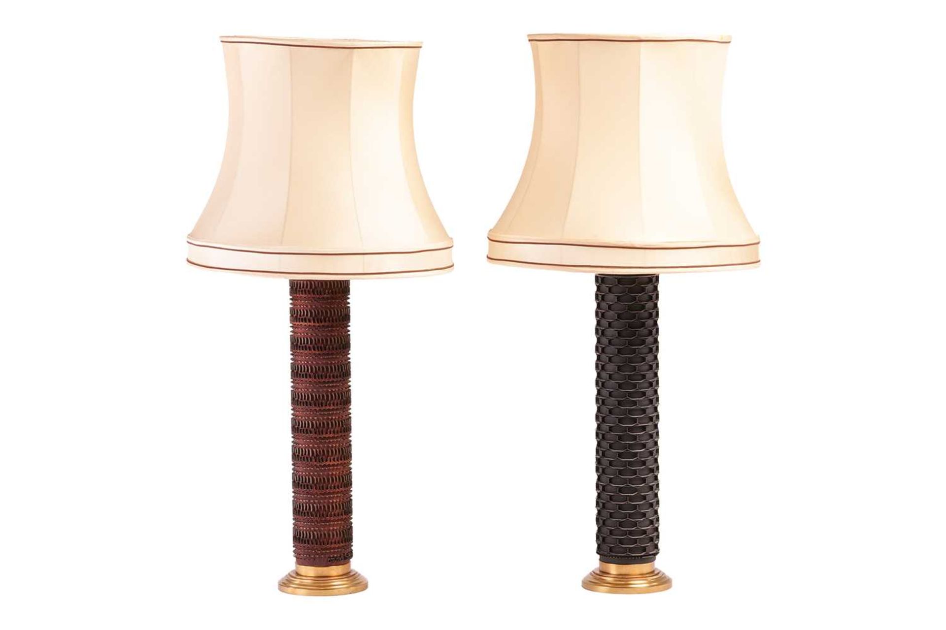 Two contemporary large table lamps, made in Denmark, the columns formed from wallpaper printing