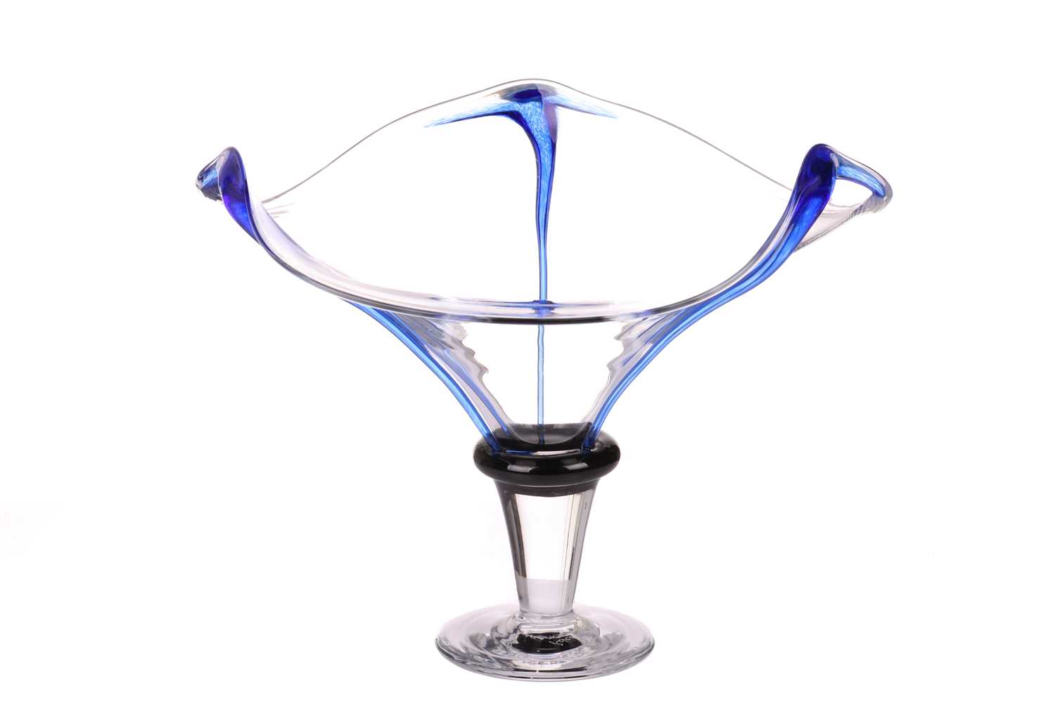A Gillies Jones art glass bowl, of pedestal form with blue accents, etched marks to base, 21 cm high - Image 3 of 5