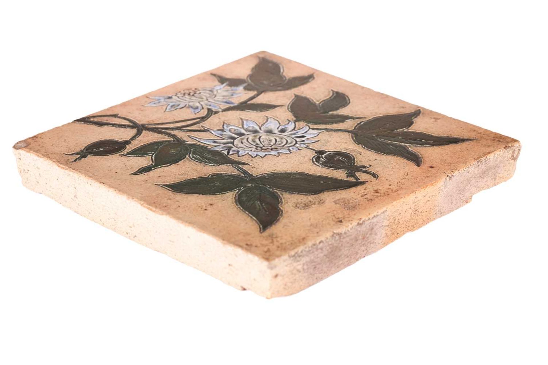 A 19th-century stoneware tile, probably by Martin Brothers (unsigned), with incised floral - Image 4 of 13