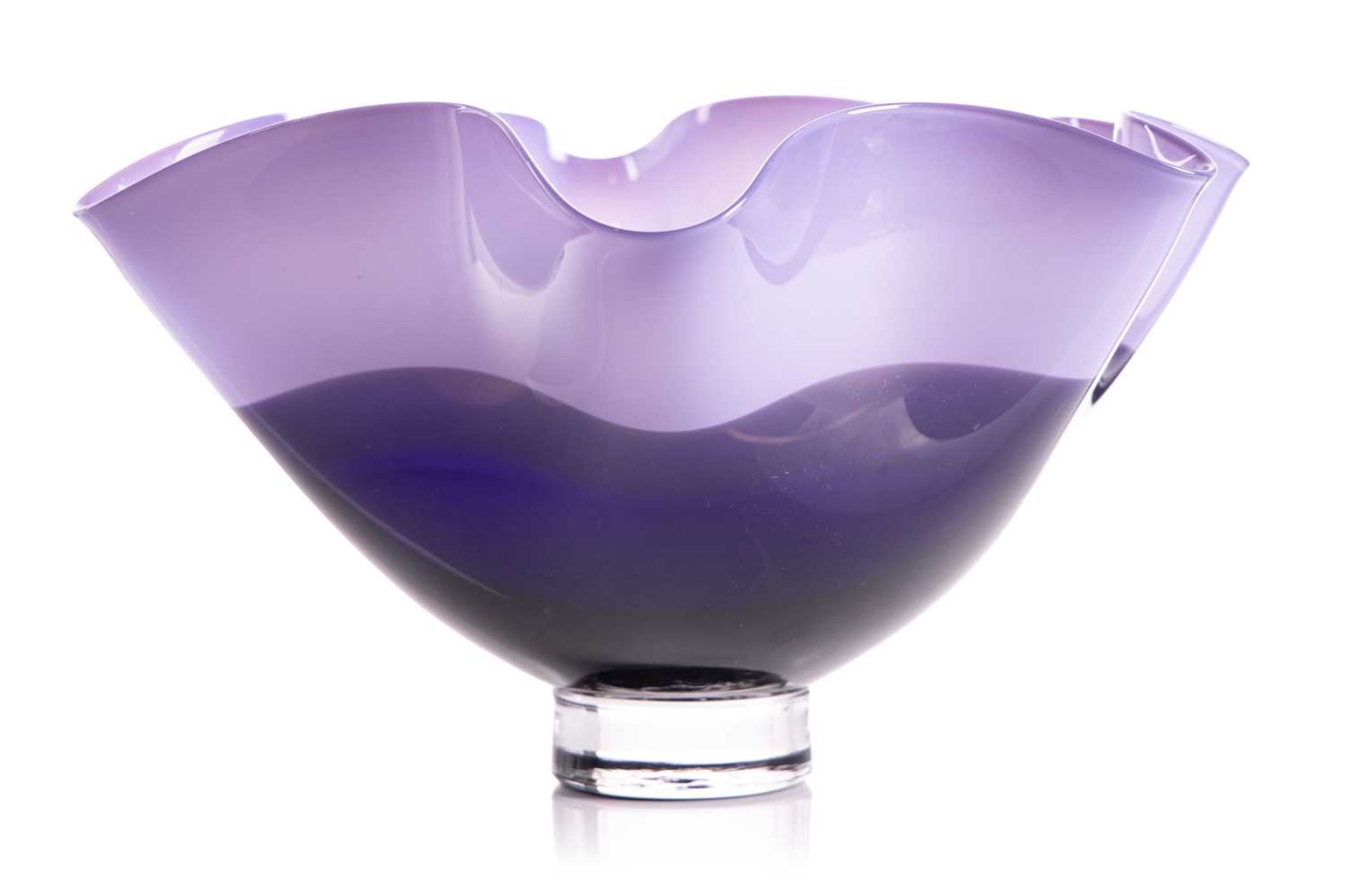 A Gillies Jones art glass bowl, of two-tone purple shaped form on a circular foot, etched - Image 3 of 5