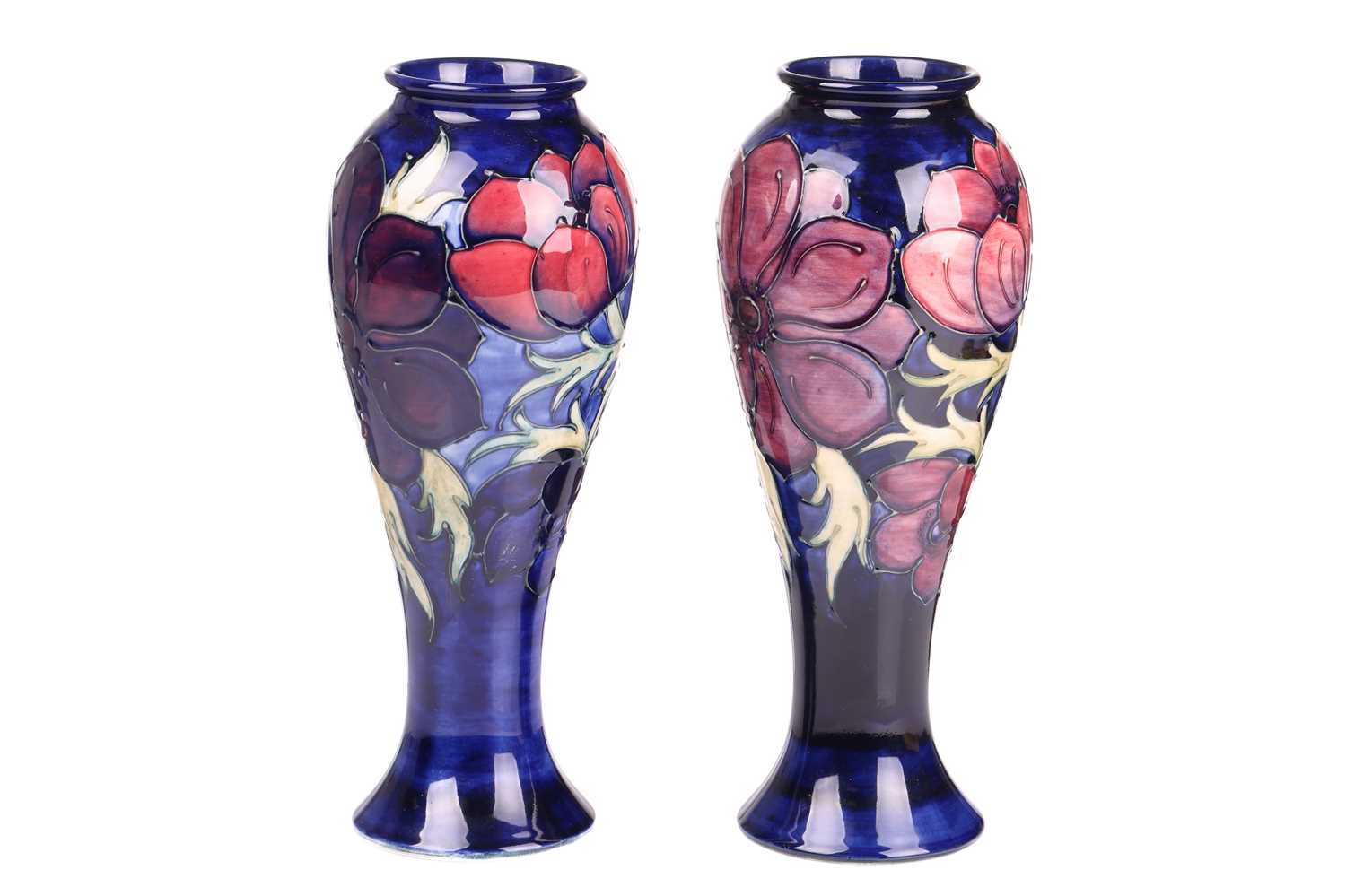 A near pair of Walter Moorcroft tall vases, in the Anenome pattern, tube-lined decoration on a - Image 5 of 6