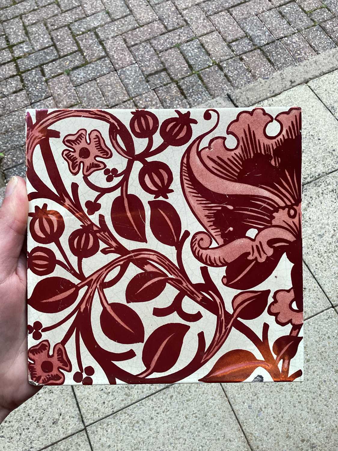 Two Maw & Co ceramic floral design tiles, one with ruby lustre finish, the second with sprays in - Image 11 of 16