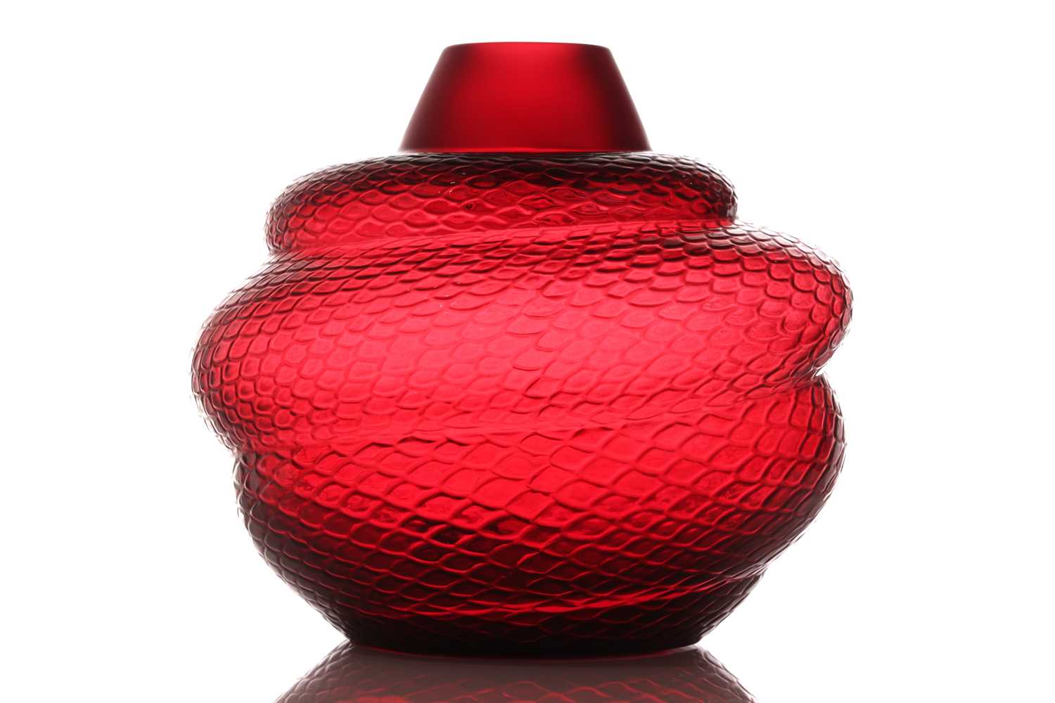 A Lalique 'Serpent' large cylindrical vase, after the original 1924 design, in red crystal glass, - Image 2 of 12