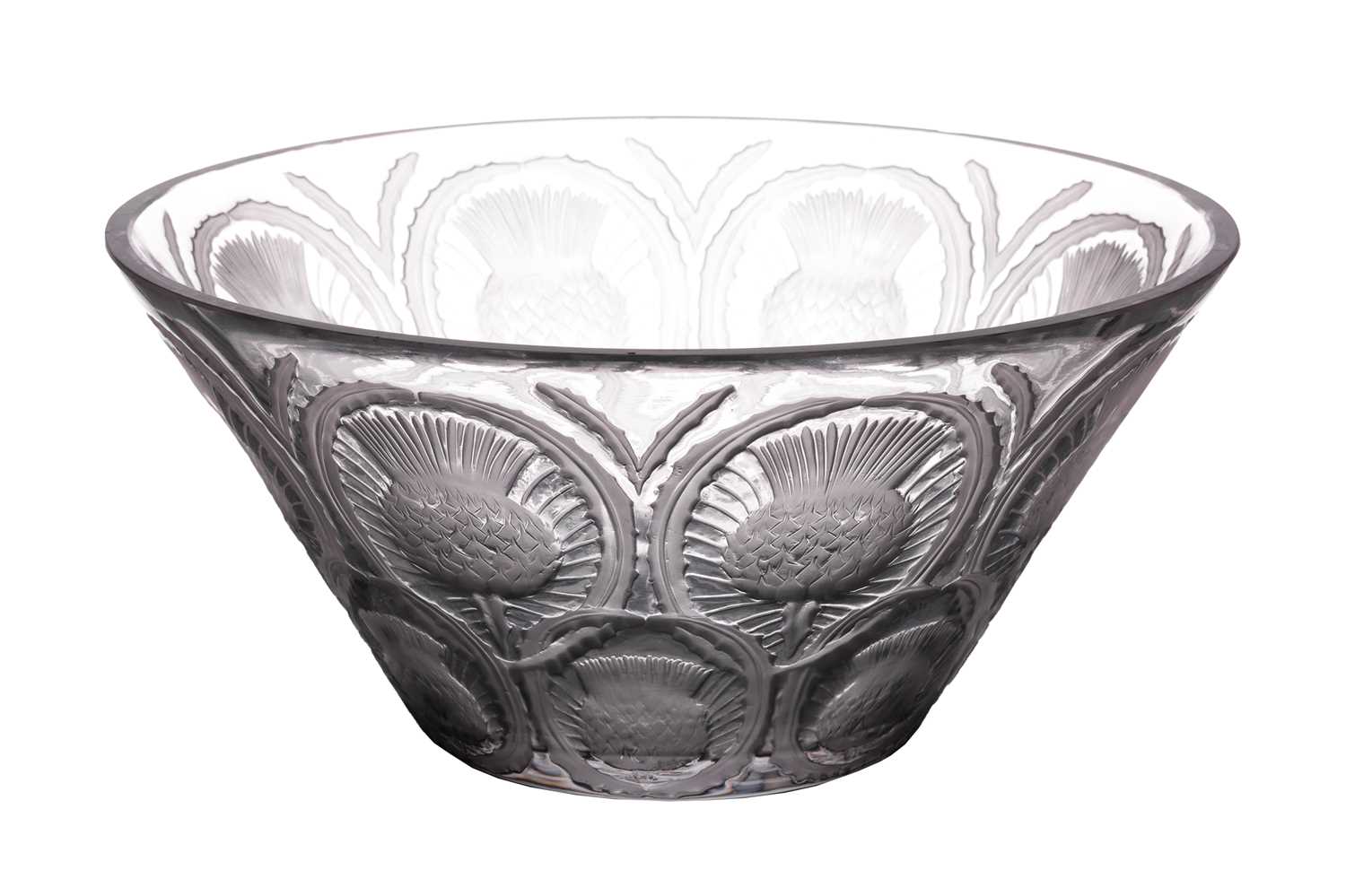 A Lalique frosted and clear 'Chardon' bowl, mid 20th century, the flared circular body engraved to - Image 2 of 4