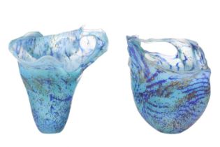 A contemporary art glass sculptural vase, indistinctly signed, mottled blue and yellow decoration on