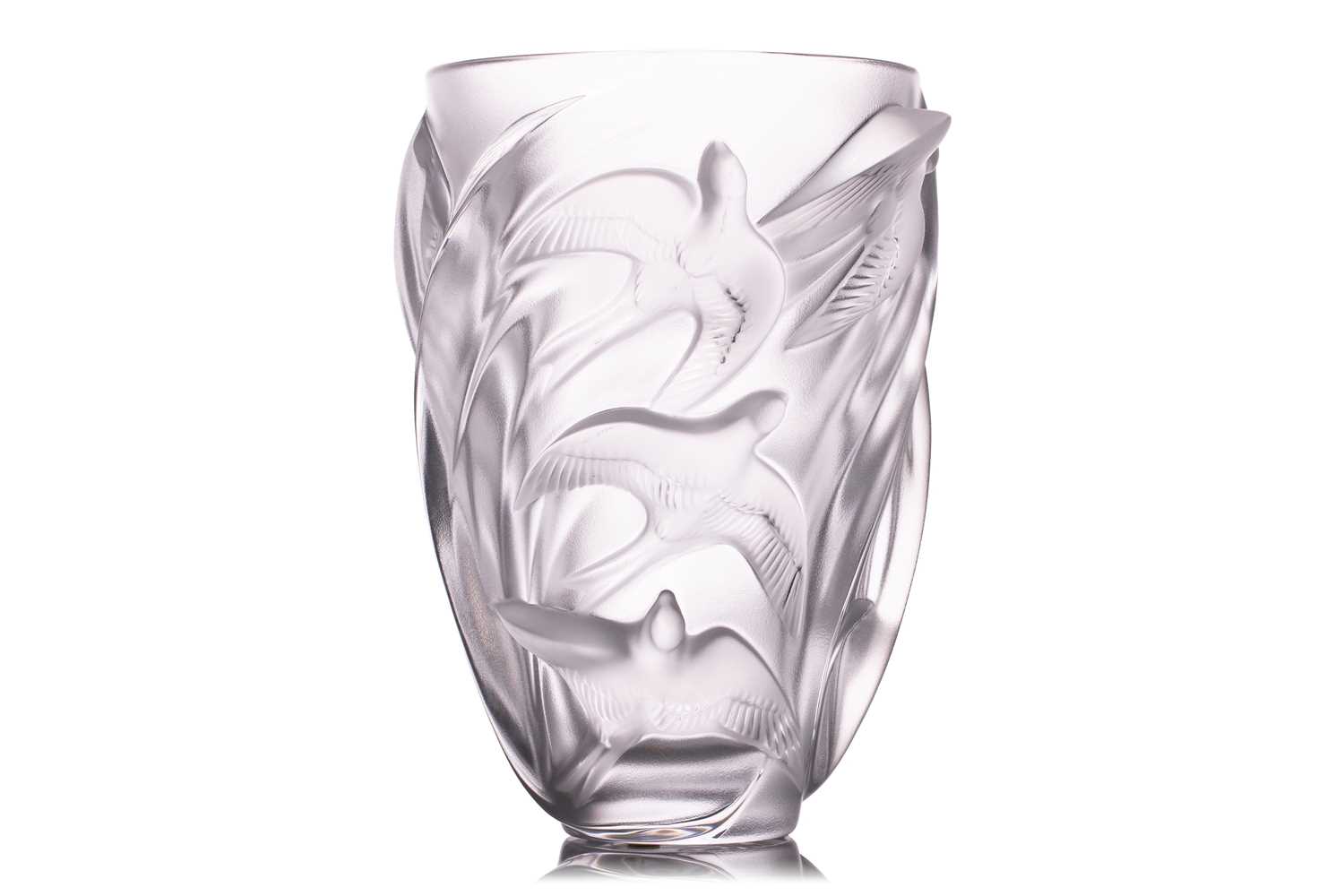 A late 20th century Lalique 'Martinets' vase, frosted glass with birds in flight, No. 12308, 24.5 cm - Image 3 of 8
