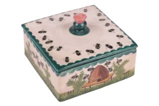 A Wemyss Ware square honey box and cover, decorated with bees and beehive design, Scottish thistle