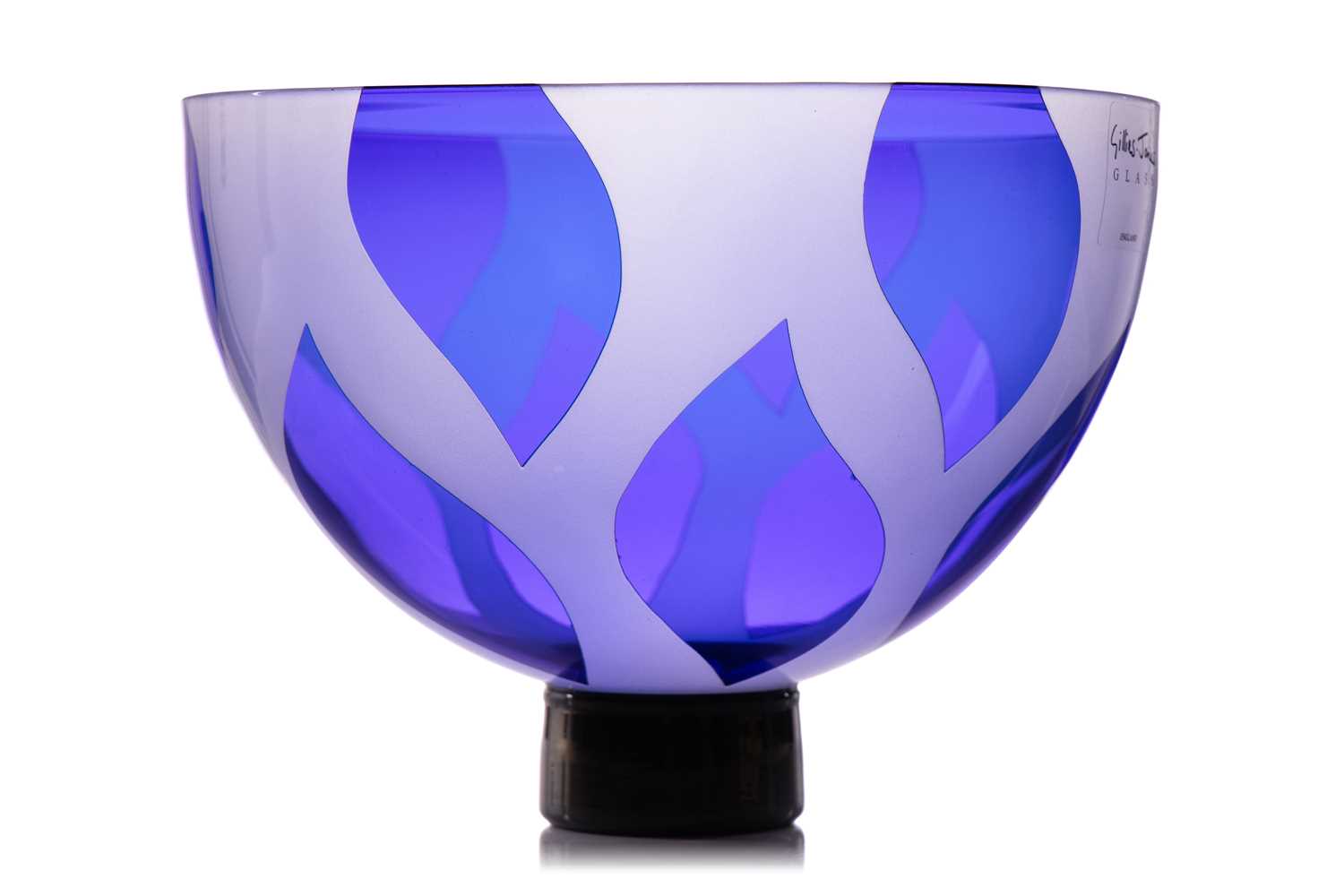 A Gillies Jones art glass bowl, with translucent blue leaf decoration on a circular foot, etched - Image 2 of 6