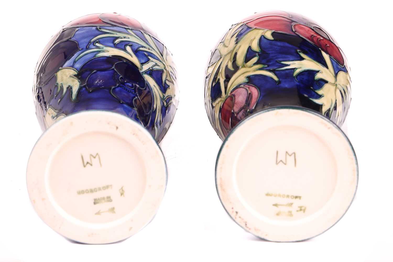 A near pair of Walter Moorcroft tall vases, in the Anenome pattern, tube-lined decoration on a - Image 4 of 6