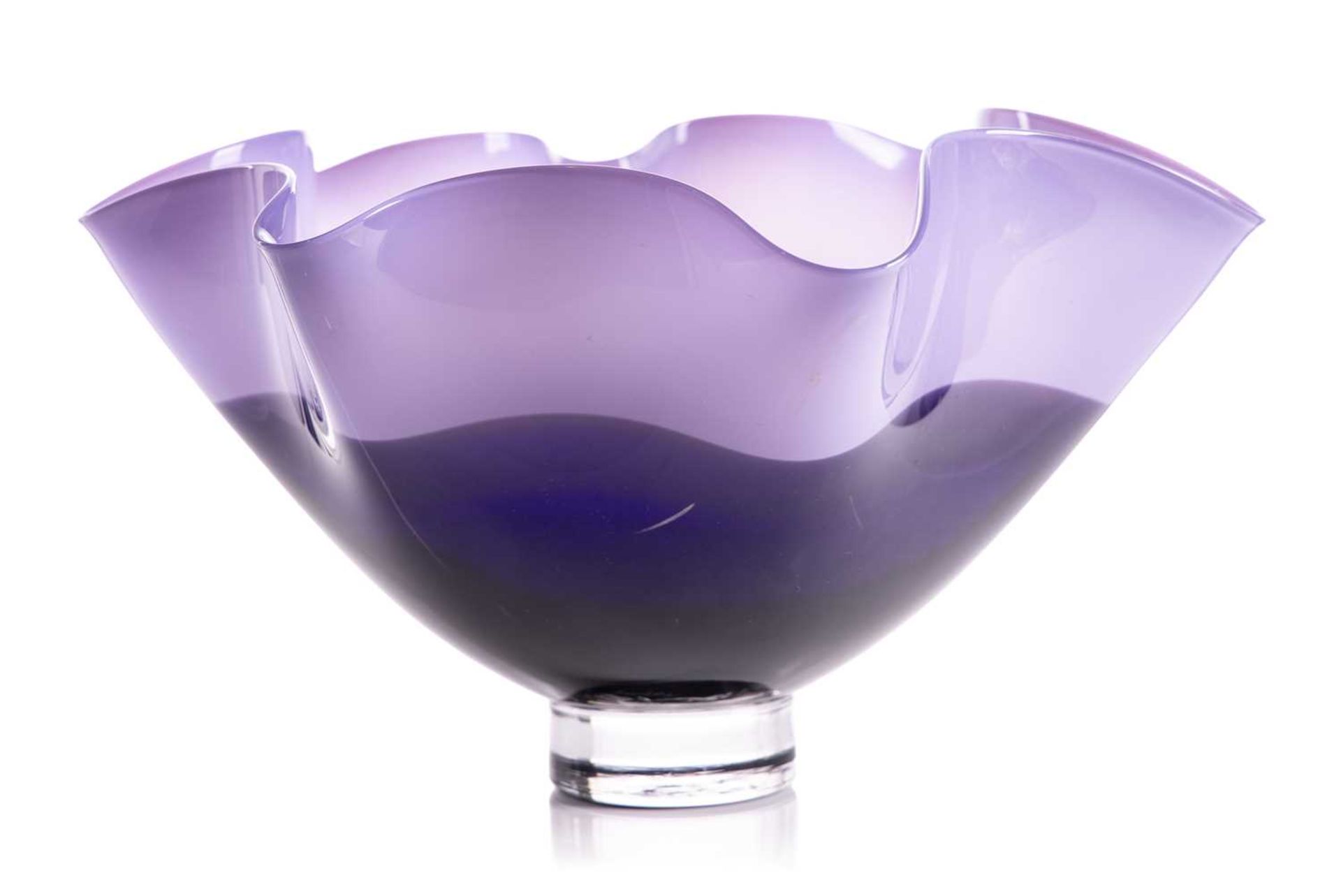 A Gillies Jones art glass bowl, of two-tone purple shaped form on a circular foot, etched - Image 2 of 5