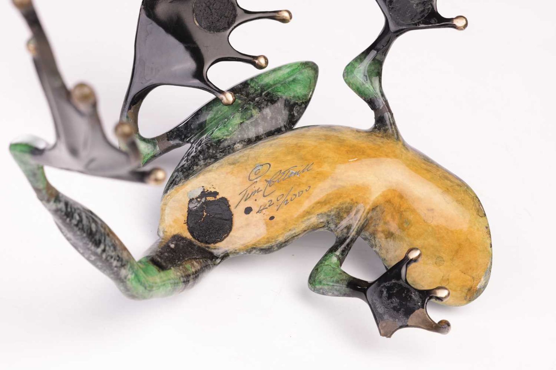 Tim 'Frogman' Cotterill (b.1950): a large bronze and enamelled model of a frog, designed to sit on - Image 9 of 10