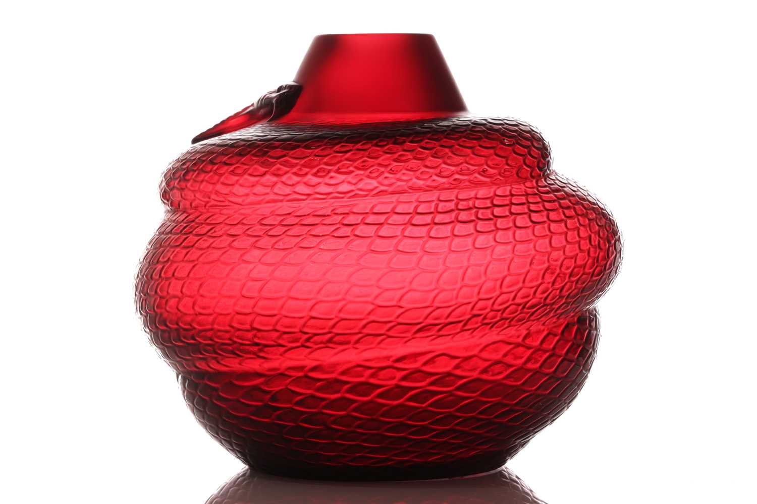 A Lalique 'Serpent' large cylindrical vase, after the original 1924 design, in red crystal glass, - Image 4 of 12