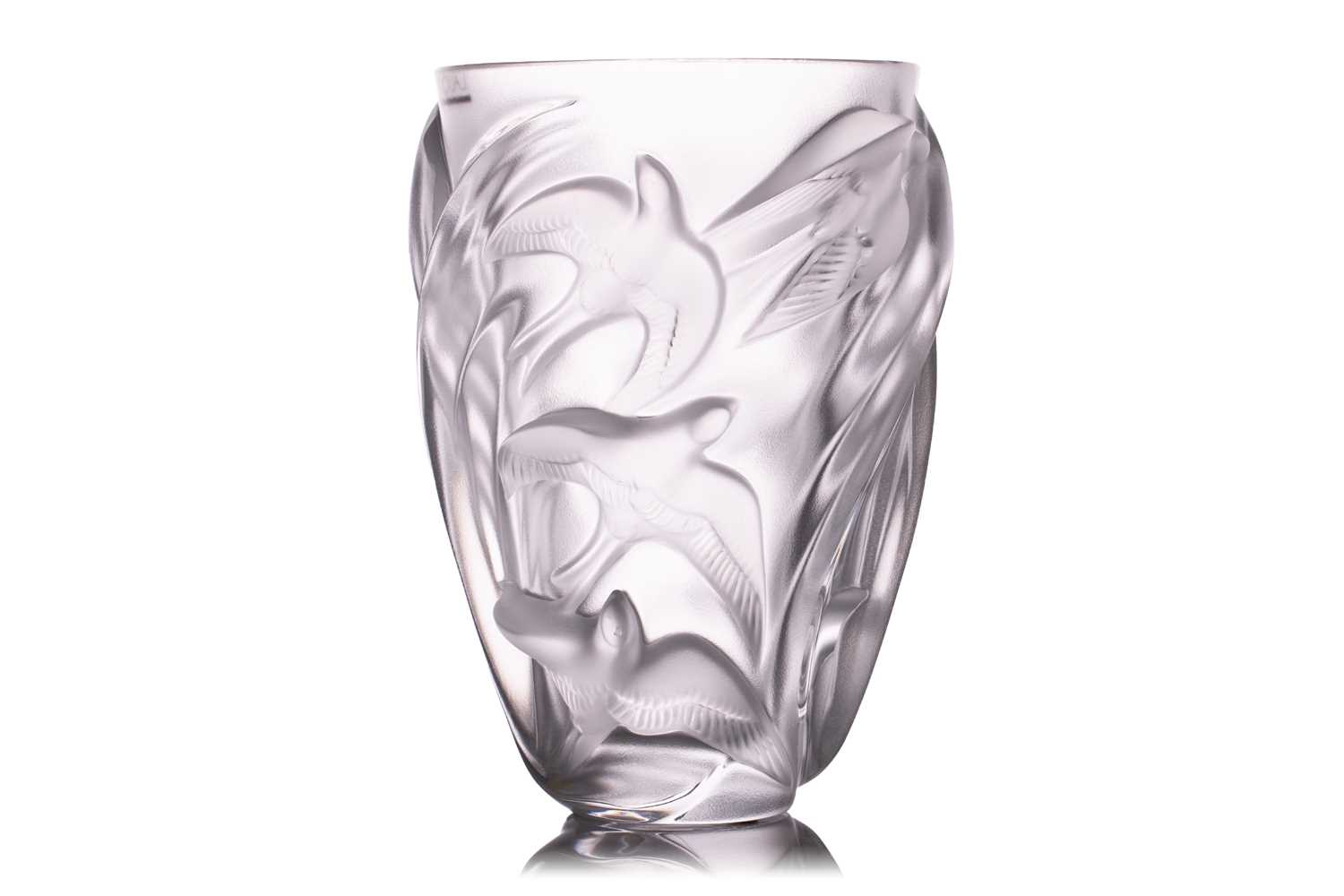 A late 20th century Lalique 'Martinets' vase, frosted glass with birds in flight, No. 12308, 24.5 cm