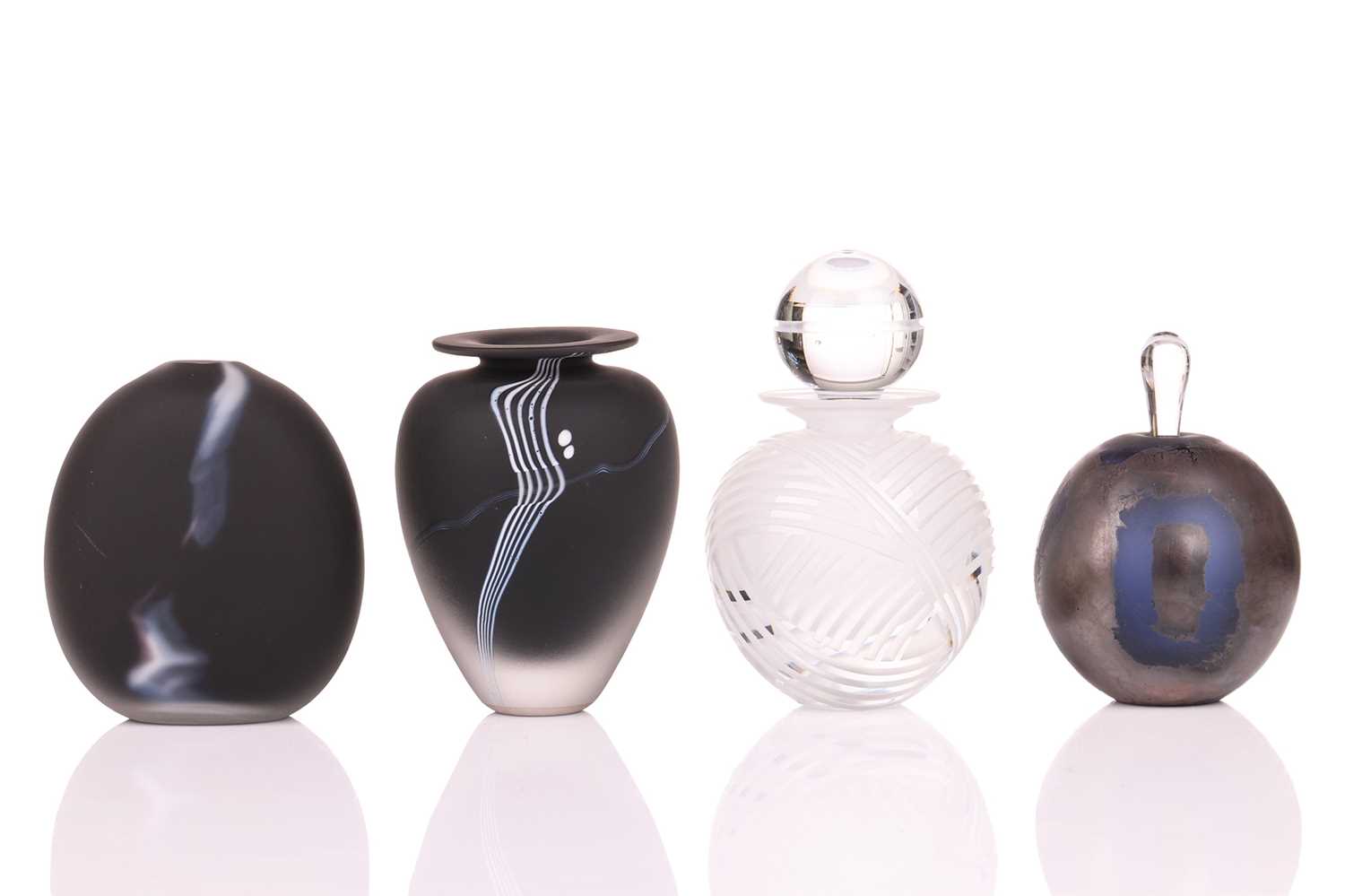 An Adam Aaronson glass scent bottle, of iridescent ovoid form, 9 cm high, together with a clear