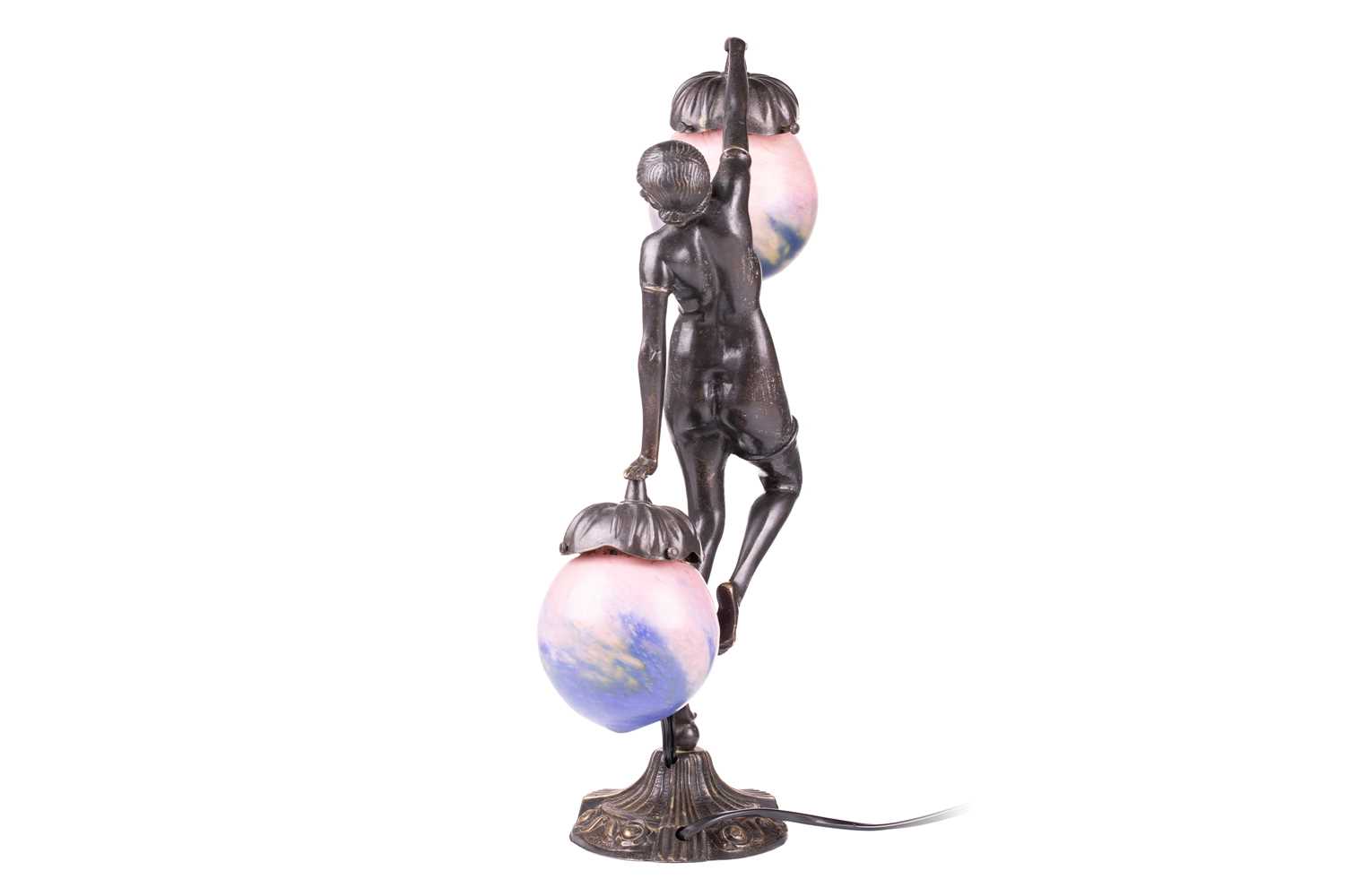 An Art Deco-style Parisian bronze figural lamp, formed as a semi-clad female dancer with twin - Image 2 of 4