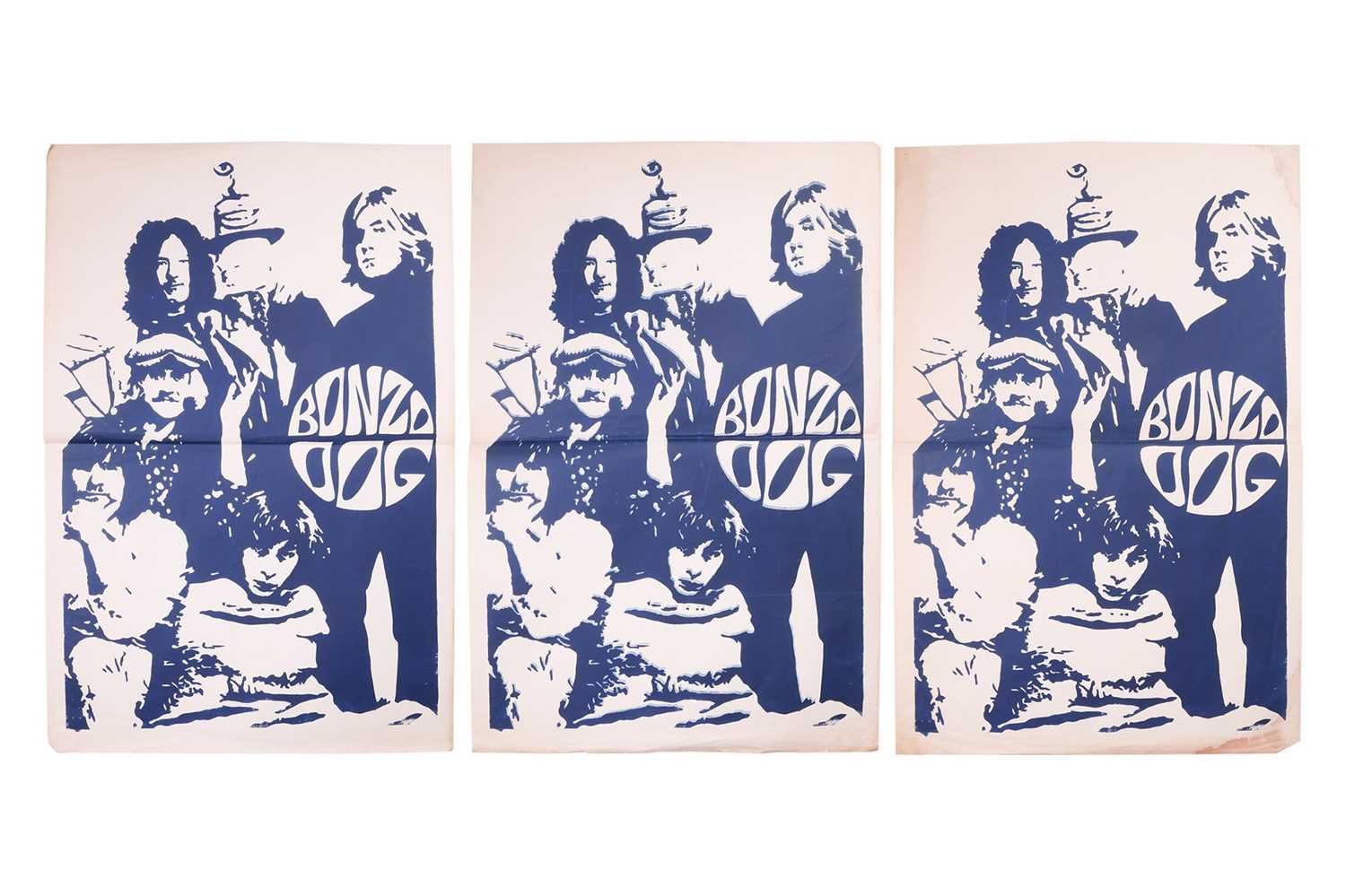 Three early promotional Bonzo Dog Doo-Dah Band posters, depicting the band in blue print on a white 