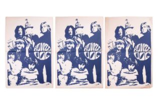 Three early promotional Bonzo Dog Doo-Dah Band posters, depicting the band in blue print on a