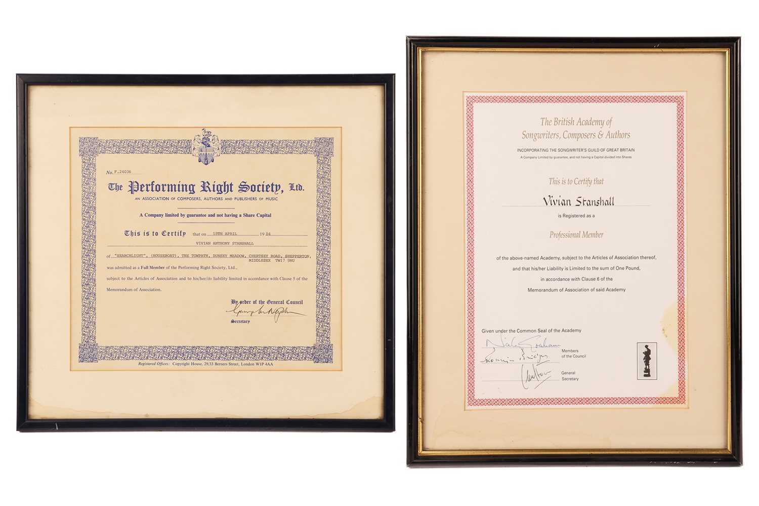 Two framed membership certificates, issued to Vivian Stanshall, founding member of the Bonzo Dog Doo