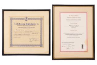 Two framed membership certificates, issued to Vivian Stanshall, founding member of the Bonzo Dog