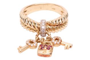 A gem-set key and lock charm ring, of crossover rope design, with a diamond-set loop in the