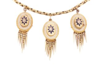 A Victorian enamel fringe necklace, dangling with three oval panels, each star-set with a split