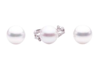 A cultured saltwater pearl dress ring and a pair of stud earrings; the dress ring features a large