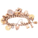 A 9ct gold charm bracelet, suspending 22 various charms. The curb link chain terminates with a 9ct g