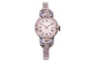 A circa 1925 platinum dress watch with sapphires and diamonds, featuring a Swiss Made Ethic W. C