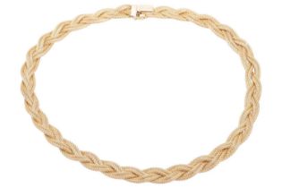 A braided mesh necklace in 18ct yellow gold, completed with a concealed tongue clasp and figure-of-
