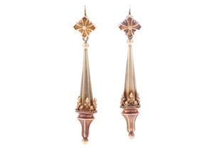A pair of Victorian Etruscan Revival drop earrings, of hexagonal bipyramid form, embellished with