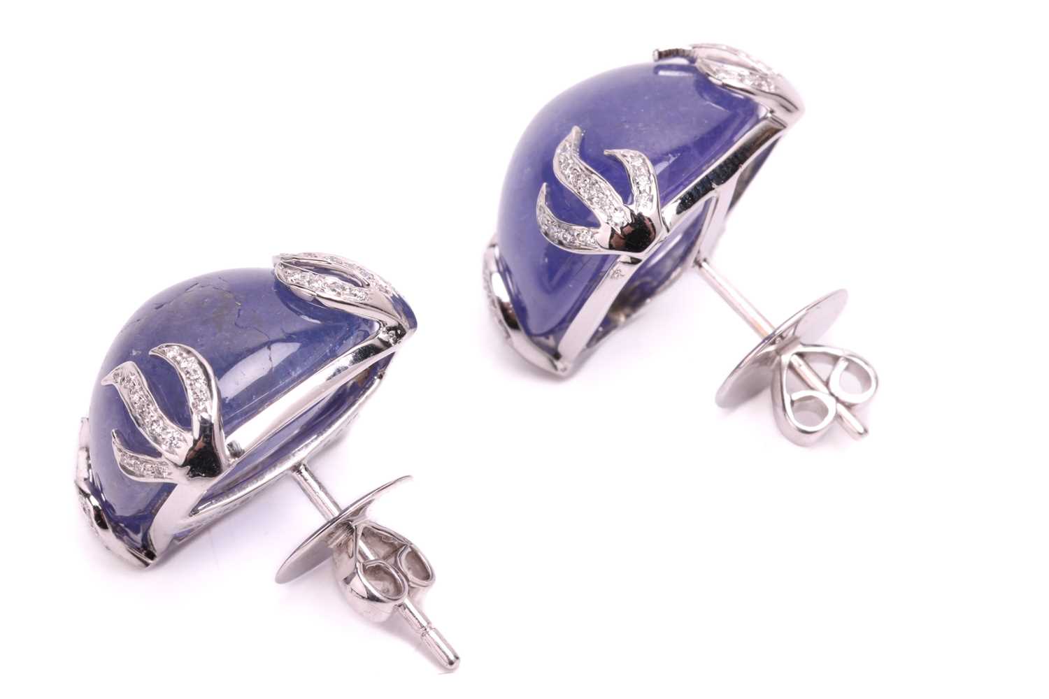 A pair of tanzanite and diamond earrings, each set with a cabochon tanzanite measuring 16 x 16 x 9.6 - Image 3 of 3