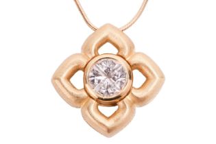 A diamond cluster floral pendant on chain, calibré-set with four quadrant-cut diamonds forming a