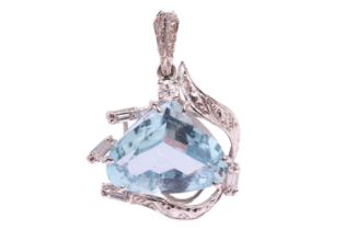 An aquamarine and diamond pendant, featuring a pear shape aquamarine measuring 16.5 x 12.6 x 8mm,