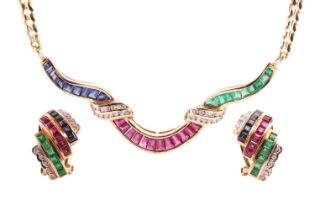 A ruby, sapphire, emerald and diamond necklace and earring suite; the necklace with a central