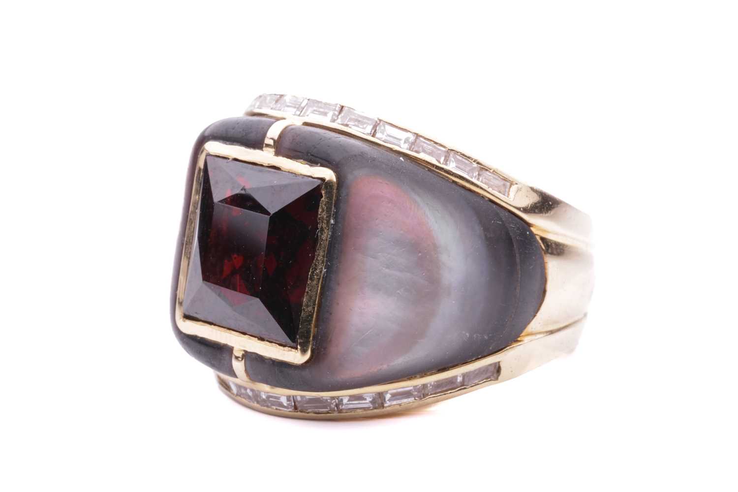 A gem-set cocktail ring, centred with a square scissors-cut garnet in collet, shoulders inlaid with  - Image 2 of 5