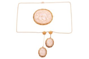 A late-19th century Chinese export carved mother-of-pearl brooch and necklace set; the brooch