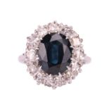 A sapphire and diamond cluster ring, the oval cut sapphire in claw mounts above a border of twelve r