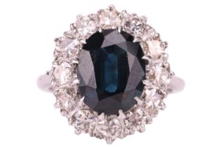 A sapphire and diamond cluster ring, the oval cut sapphire in claw mounts above a border of twelve