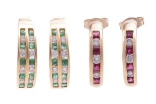 Two pairs of gem-set hoop earrings; the first containing two rows of circular-cut emeralds and