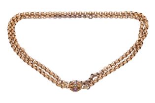 An Early 19th Century pinchbeck guard chain with gem-set barrel clasp, comprising a series of