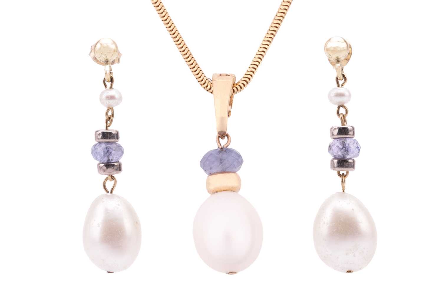 A cultured pearl and tanzanite pendant on chain, together with a pair of matching drop earrings; of 