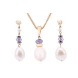 A cultured pearl and tanzanite pendant on chain, together with a pair of matching drop earrings; of 