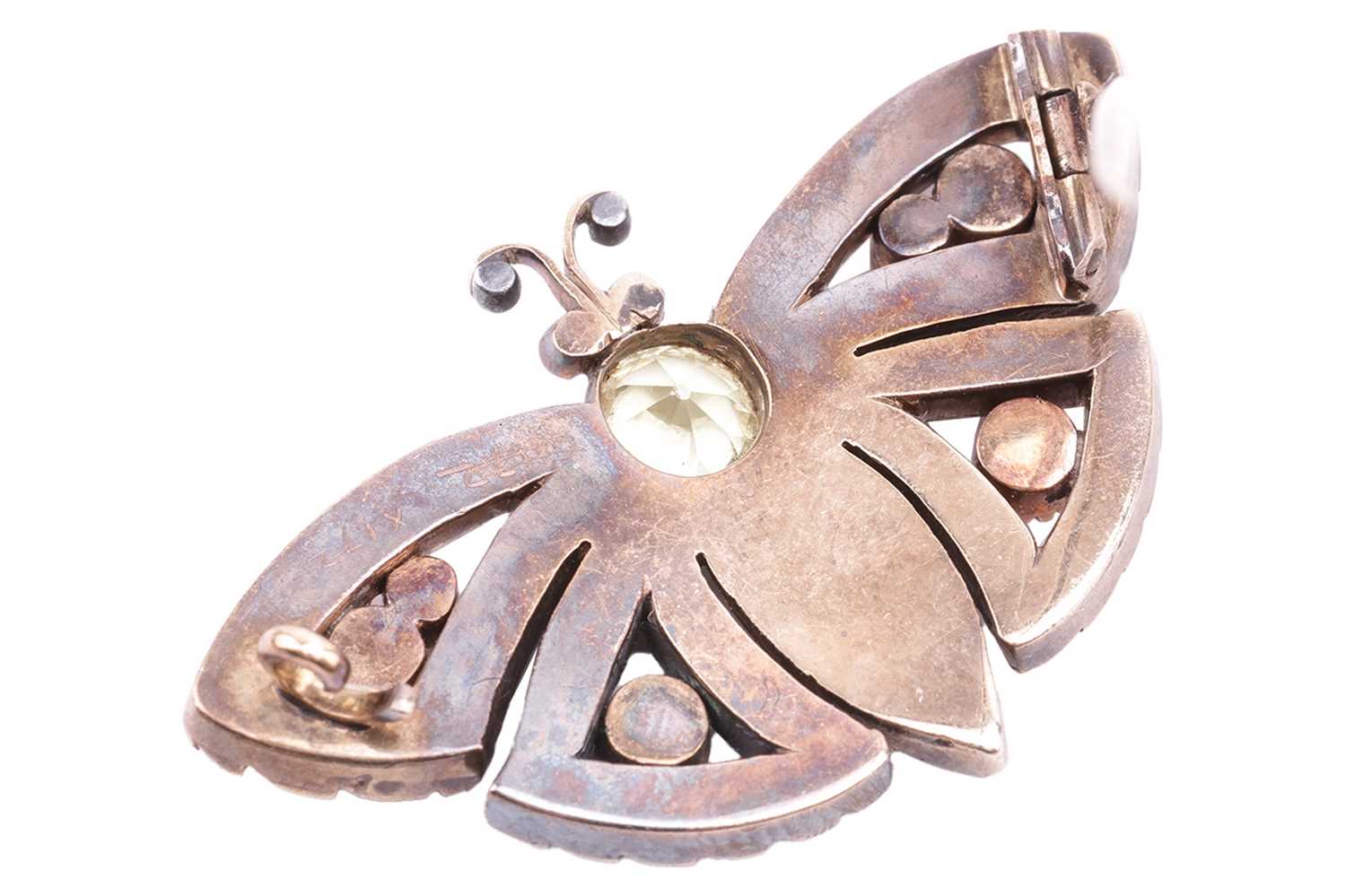 A late Victorian gem-set butterfly brooch, consisting of a circular-cut chrysoberyl thorax and an - Image 3 of 4