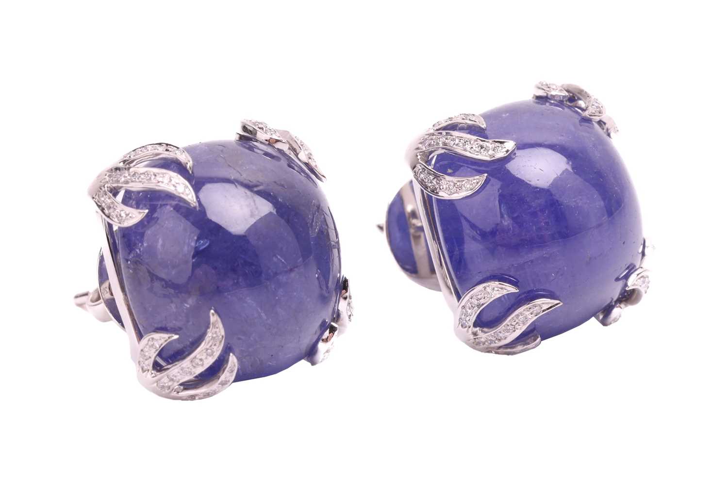 A pair of tanzanite and diamond earrings, each set with a cabochon tanzanite measuring 16 x 16 x 9.6 - Image 2 of 3